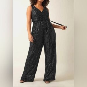 XL Elegant Cocktail Sequin V-Neck Sleeveless Lined Sexy Jumpsuit